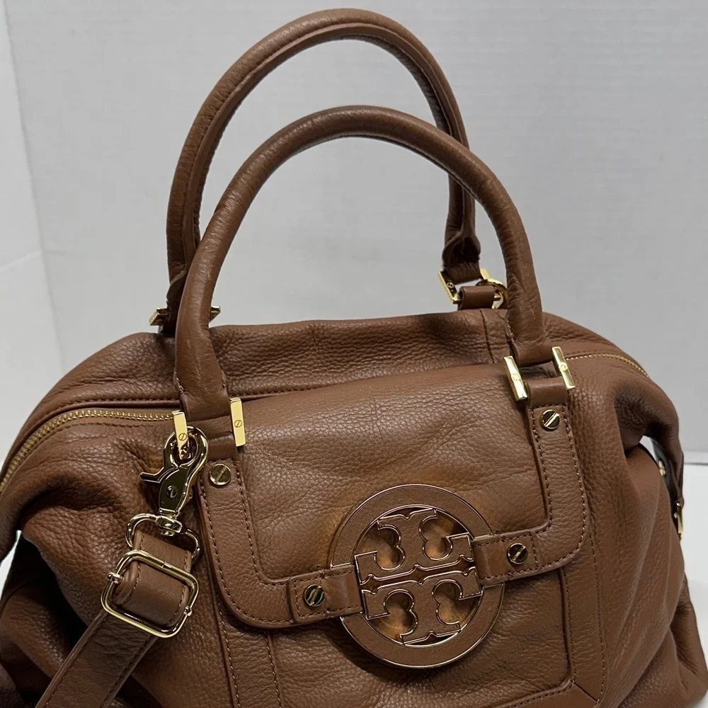 Tory Burch Amanda Satchel Purse Leather Handbag Crossbody Bag Tan Brown Gold
